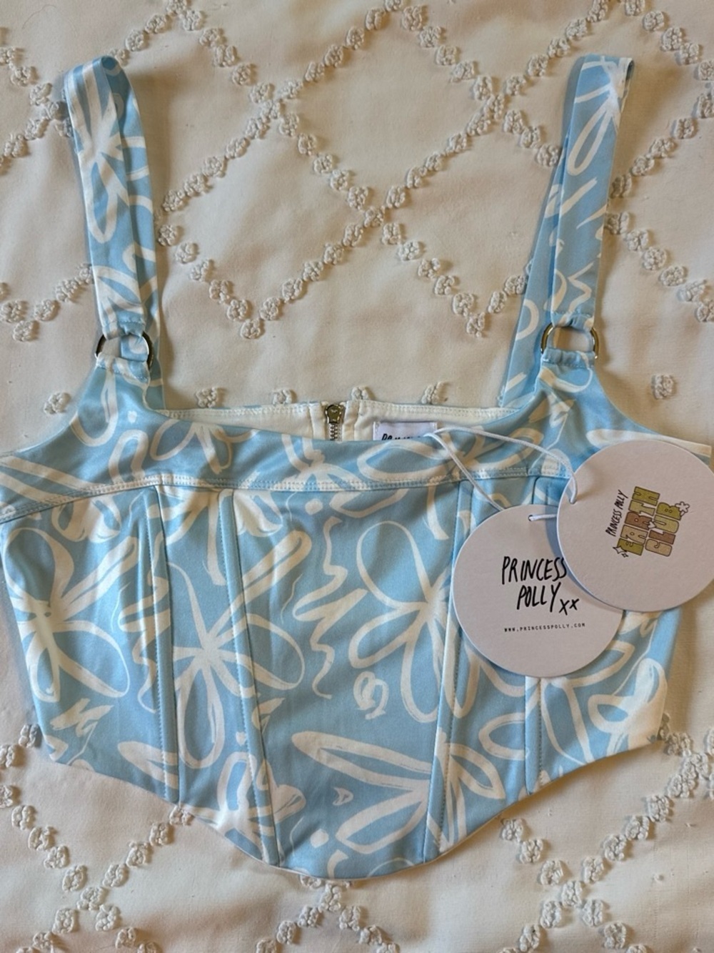 Princess Polly Light Blue & White Floral Corset Crop Top Size 8 NWT